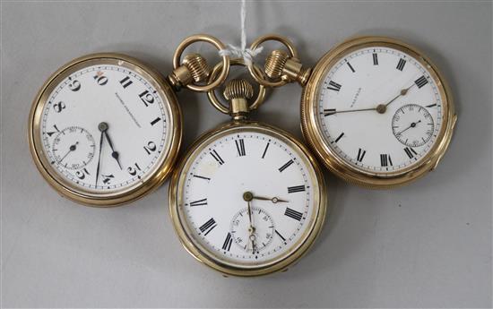 Three assorted gold plated pocket watches, including Waltham and Record Dreadnought.